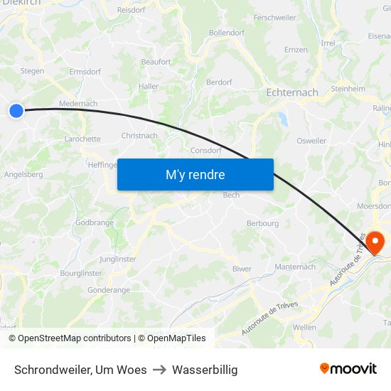 Schrondweiler, Um Woes to Wasserbillig map