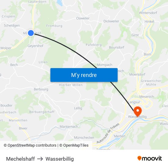 Mechelshaff to Wasserbillig map