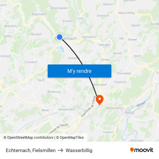 Echternach, Fielsmillen to Wasserbillig map