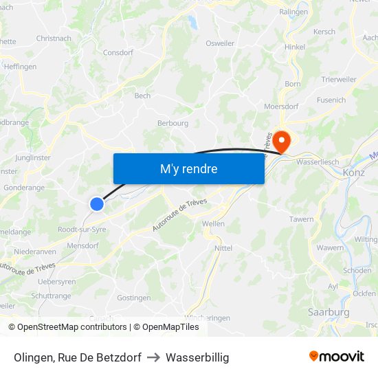 Olingen, Rue De Betzdorf to Wasserbillig map