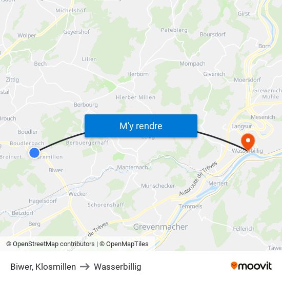 Biwer, Klosmillen to Wasserbillig map