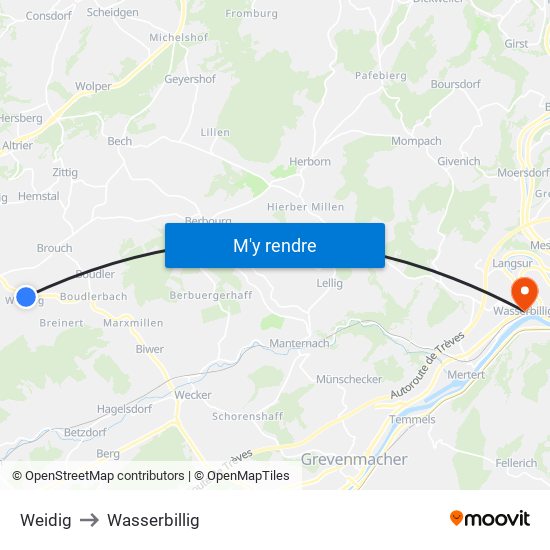 Weidig to Wasserbillig map