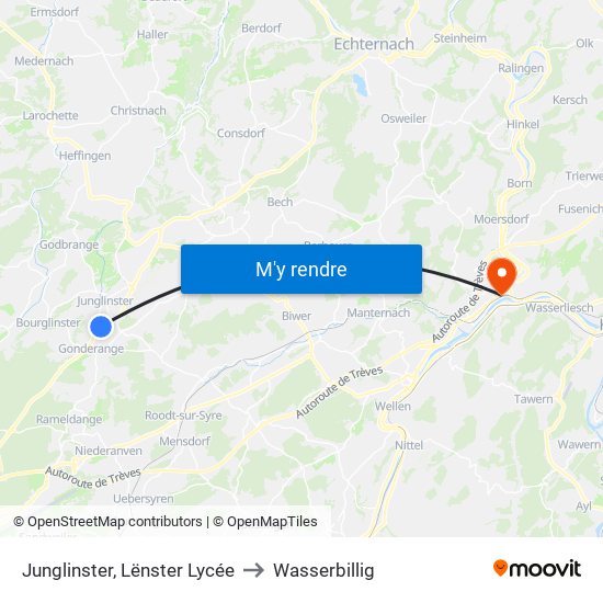 Junglinster, Lënster Lycée to Wasserbillig map