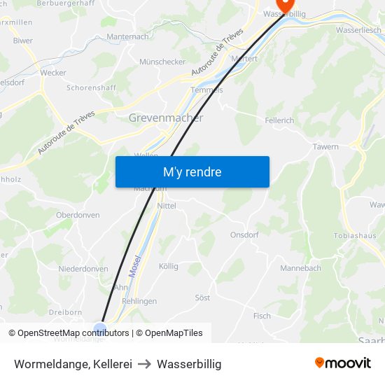Wormeldange, Kellerei to Wasserbillig map