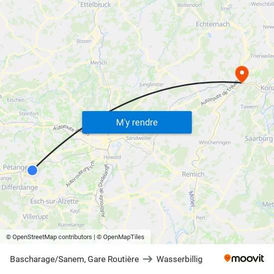 Bascharage/Sanem, Gare Routière to Wasserbillig map