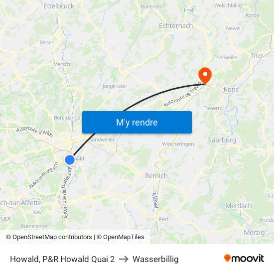 Howald, P&R Howald Quai 2 to Wasserbillig map