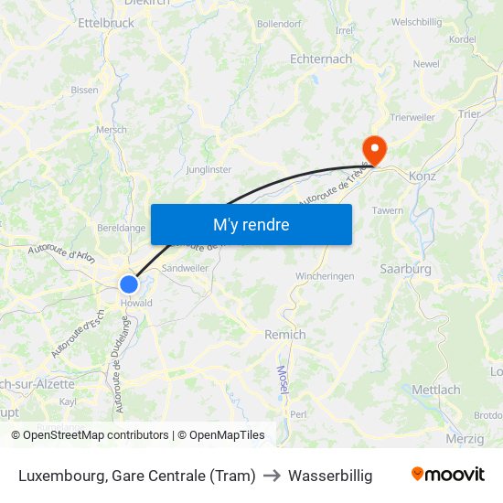 Luxembourg, Gare Centrale (Tram) to Wasserbillig map