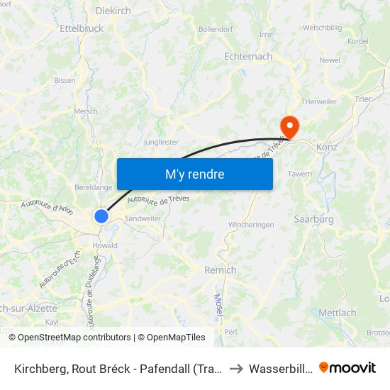 Kirchberg, Rout Bréck - Pafendall (Tram) to Wasserbillig map