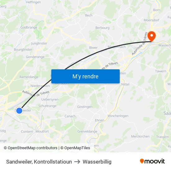 Sandweiler, Kontrollstatioun to Wasserbillig map