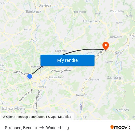 Strassen, Benelux to Wasserbillig map