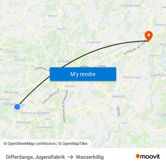 Differdange, Jugendfabrik to Wasserbillig map