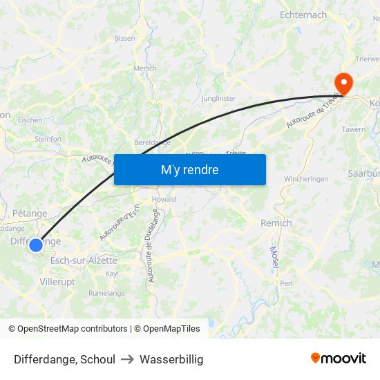Differdange, Schoul to Wasserbillig map
