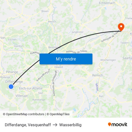 Differdange, Vesquenhaff to Wasserbillig map