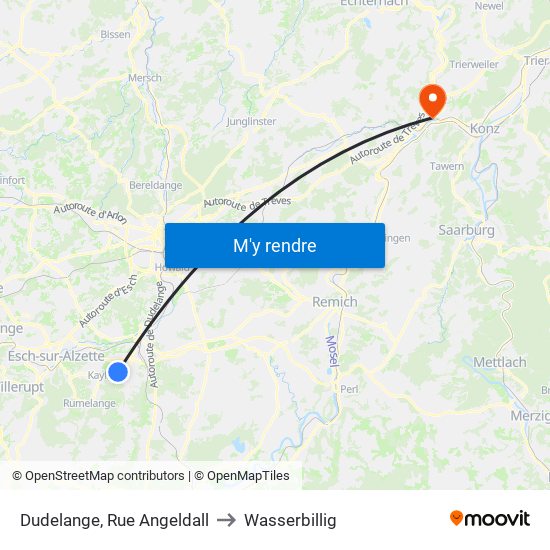 Dudelange, Rue Angeldall to Wasserbillig map