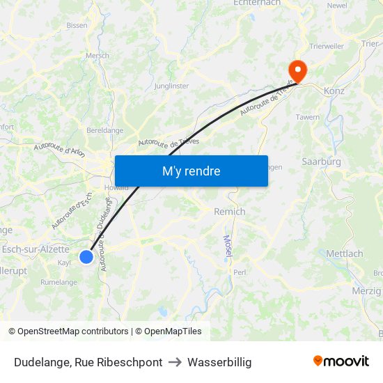 Dudelange, Rue Ribeschpont to Wasserbillig map