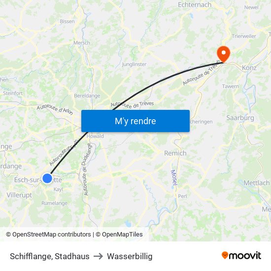 Schifflange, Stadhaus to Wasserbillig map