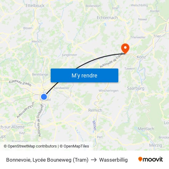 Bonnevoie, Lycée Bouneweg (Tram) to Wasserbillig map