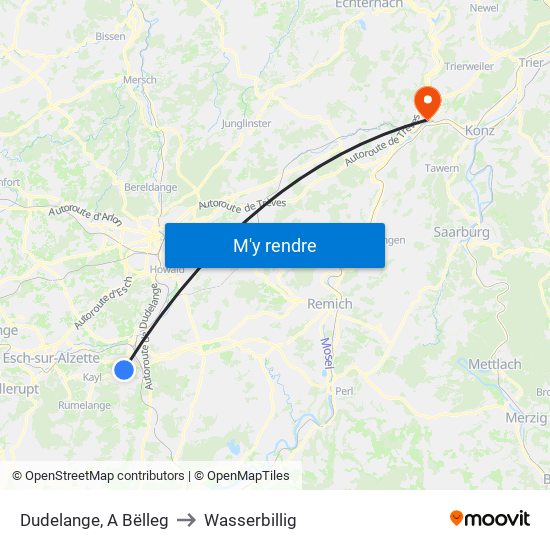 Dudelange, A Bëlleg to Wasserbillig map