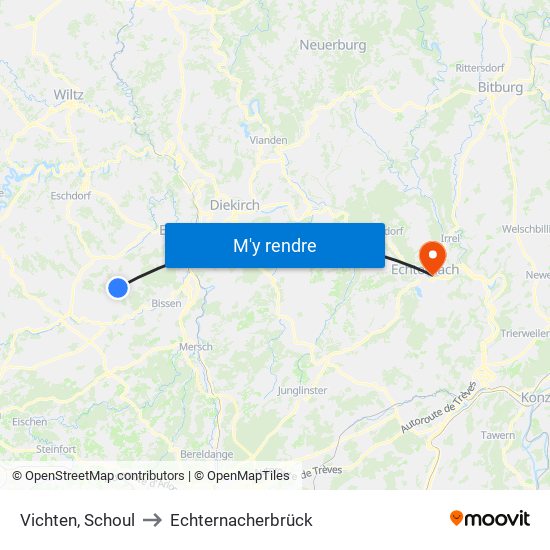Vichten, Schoul to Echternacherbrück map