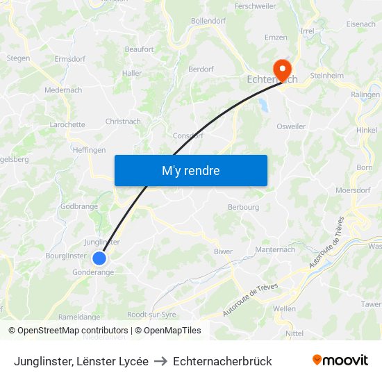 Junglinster, Lënster Lycée to Echternacherbrück map