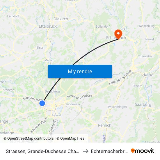 Strassen, Grande-Duchesse Charlotte to Echternacherbrück map
