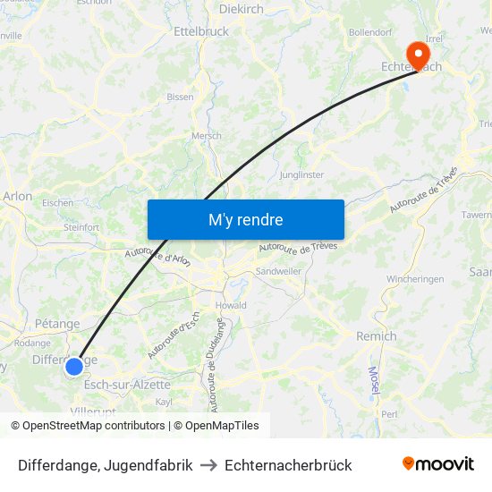Differdange, Jugendfabrik to Echternacherbrück map