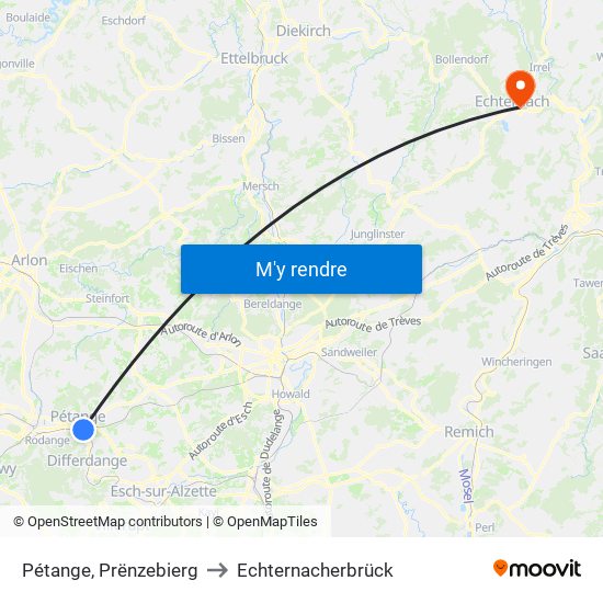 Pétange, Prënzebierg to Echternacherbrück map