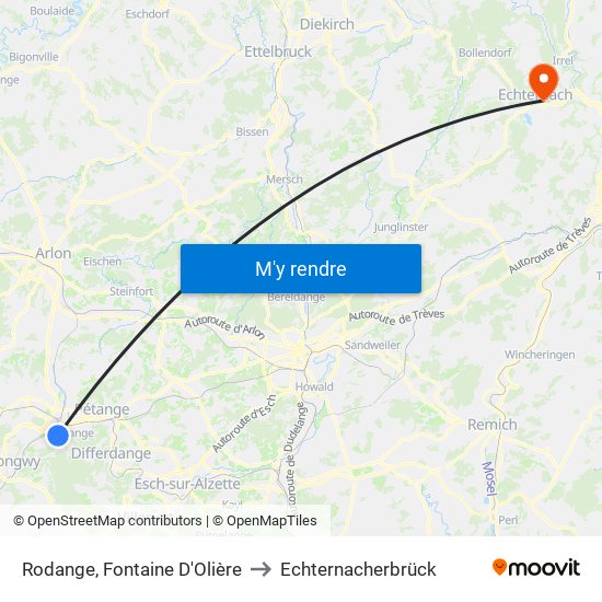 Rodange, Fontaine D'Olière to Echternacherbrück map