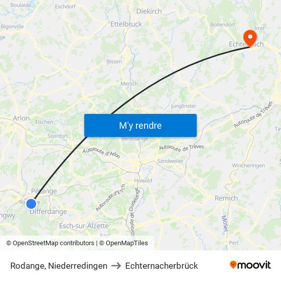 Rodange, Niederredingen to Echternacherbrück map