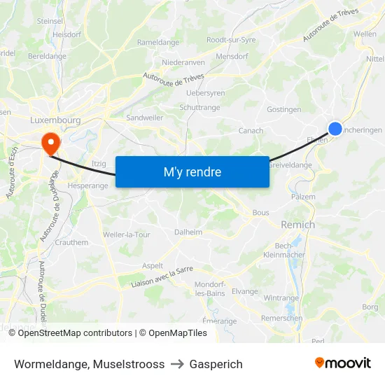 Wormeldange, Muselstrooss to Gasperich map