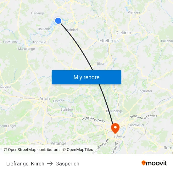 Liefrange, Kiirch to Gasperich map