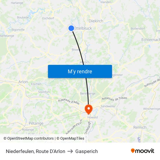 Niederfeulen, Route D'Arlon to Gasperich map
