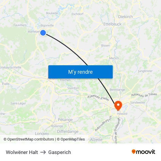 Wolwëner Halt to Gasperich map