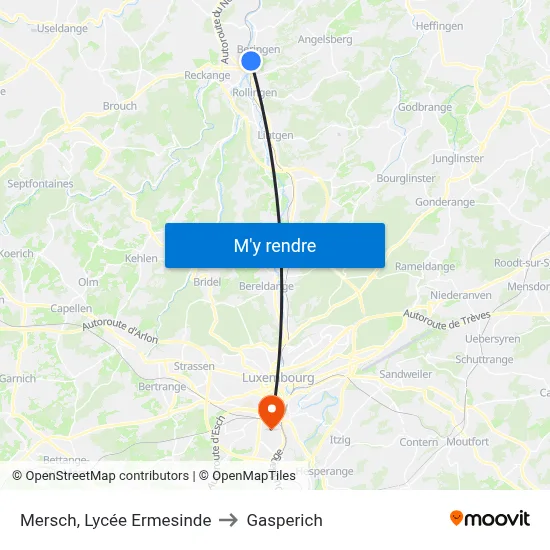 Mersch, Lycée Ermesinde to Gasperich map