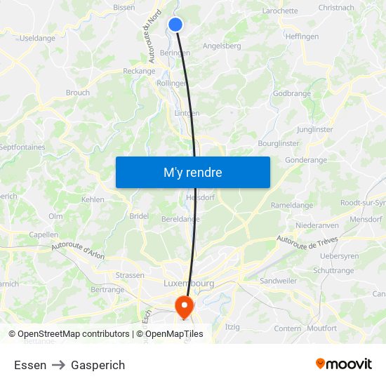 Essen to Gasperich map