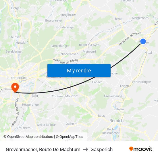 Grevenmacher, Route De Machtum to Gasperich map