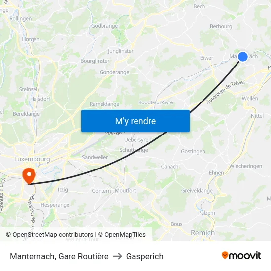 Manternach, Gare Routière to Gasperich map