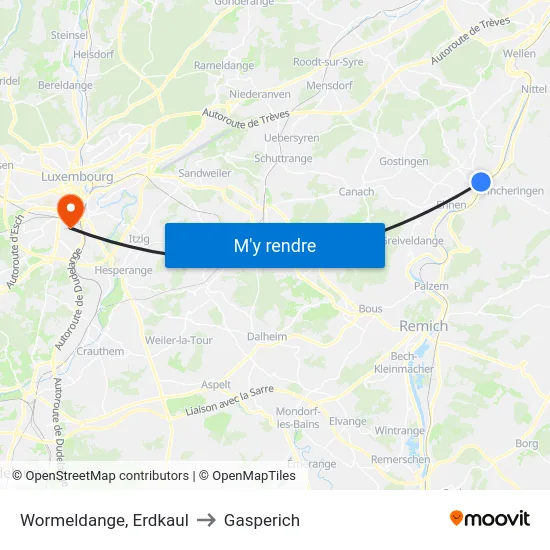Wormeldange, Erdkaul to Gasperich map