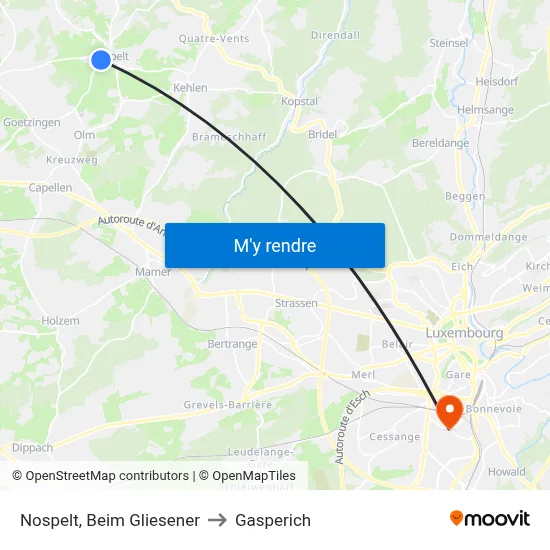 Nospelt, Beim Gliesener to Gasperich map