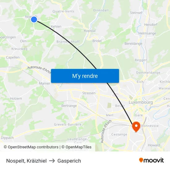 Nospelt, Kräizhiel to Gasperich map