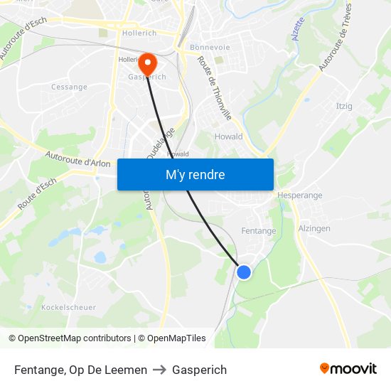 Fentange, Op De Leemen to Gasperich map