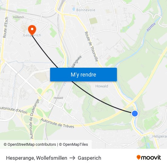 Hesperange, Wollefsmillen to Gasperich map