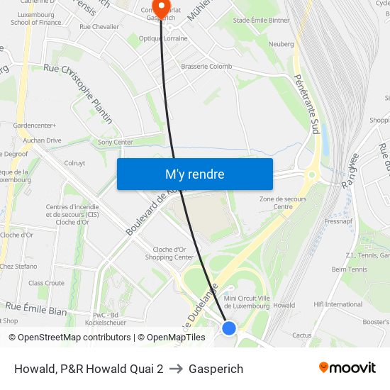 Howald, P&R Howald Quai 2 to Gasperich map