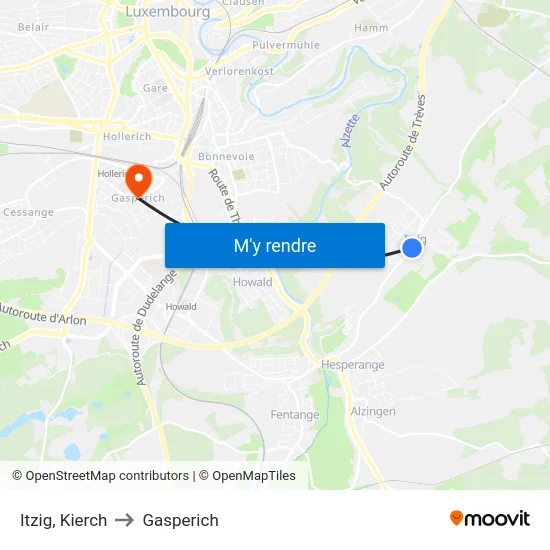 Itzig, Kierch to Gasperich map