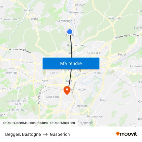 Beggen, Bastogne to Gasperich map