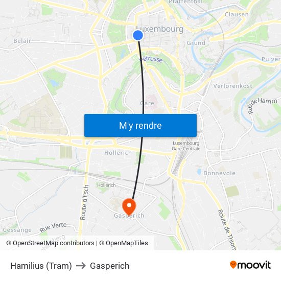 Hamilius (Tram) to Gasperich map