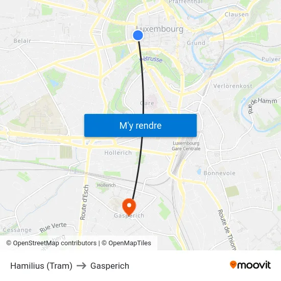 Hamilius (Tram) to Gasperich map