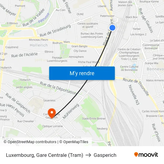 Luxembourg, Gare Centrale (Tram) to Gasperich map