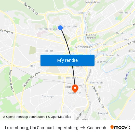 Luxembourg, Uni Campus Limpertsberg to Gasperich map