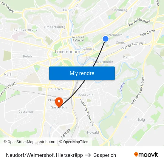 Neudorf/Weimershof, Hierzekrëpp to Gasperich map